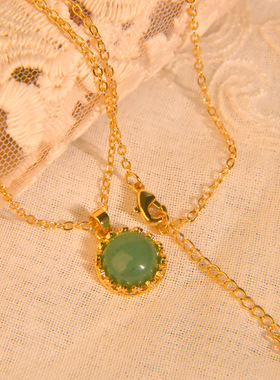 法式复古项链女天然绿石圆吊坠简约锁骨链轻奢高级项链女