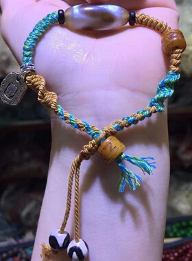手工编织包浆虎牙天珠手链手编女款饰品民族风文玩手串编绳
