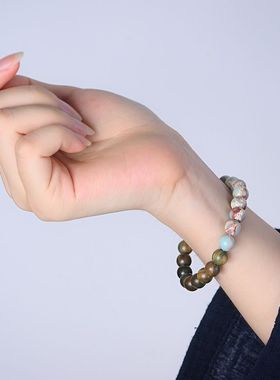 中国风寿山石手链男简约单圈手串绿檀木质文艺民族风复古潮饰品女