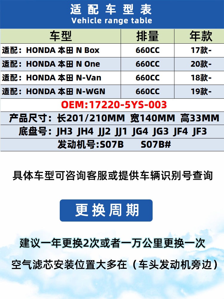 适配HONDA进口本田NBox N One N-Van N-WGN空气滤芯17220-5YS-003-图0