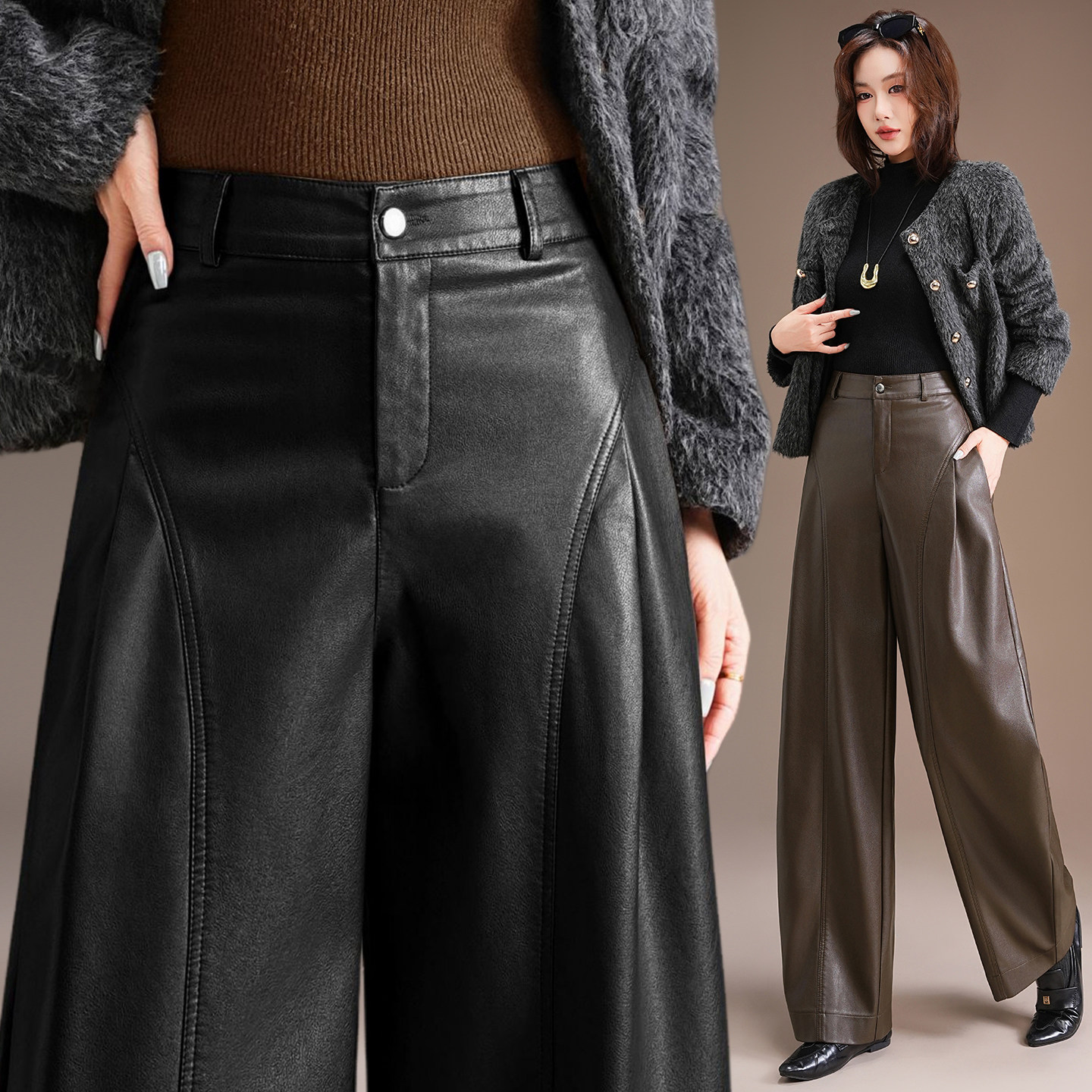 时尚弯刀裤女皮裤秋冬新款洋气香蕉裤宽松显瘦绵羊皮休闲直筒长裤,淘宝优惠券,粉丝福利购,淘宝优惠卷