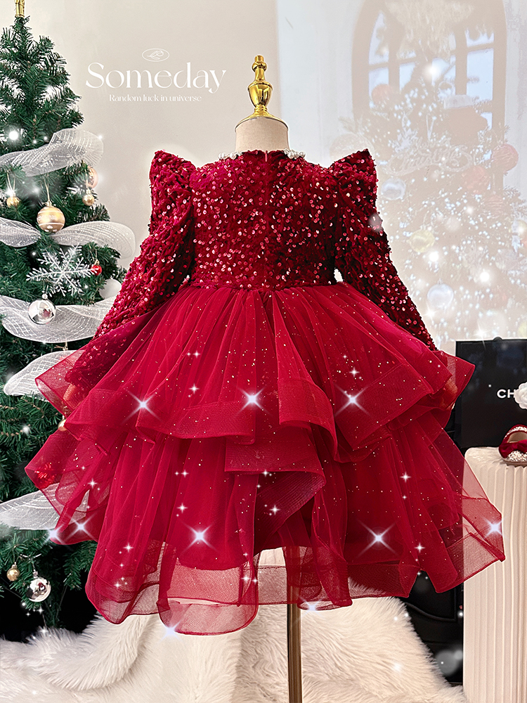 女童公主裙秋冬高端小女孩加绒亮片连衣裙儿童洋气新年红色拜年服,淘宝优惠券,粉丝福利购,淘宝优惠卷