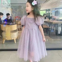 Girls Dress Summer Dress 2022 New Kids Western Fairy Princess Long Skirt Purple Little Girl Puffy Gauze Skirt
