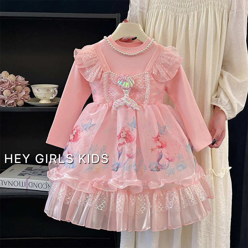 女童美人鱼公主裙秋装小女孩甜美洛丽塔公主裙儿童假两件长袖裙子,淘宝优惠券,粉丝福利购,淘宝优惠卷