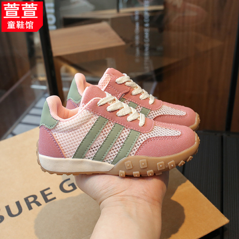 儿童软底德训鞋网面透气阿甘鞋魔术贴男童鞋子春款女童粉色运动鞋 - 图2