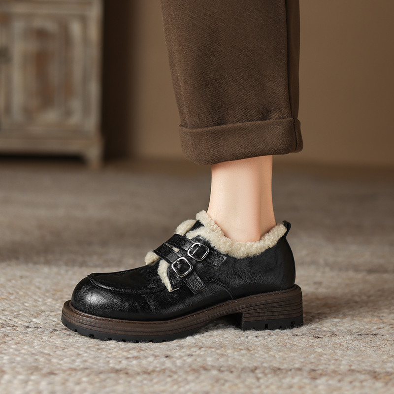 羊羔毛乐福鞋女加绒保暖复古小皮鞋厚底雪地靴真皮加厚毛毛大棉鞋 - 图2