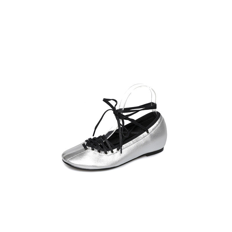 内增高芭蕾舞平底鞋低跟圆头玛丽珍鞋女真皮浅口银色交叉绑带单鞋,淘宝优惠券,粉丝福利购,淘宝优惠卷