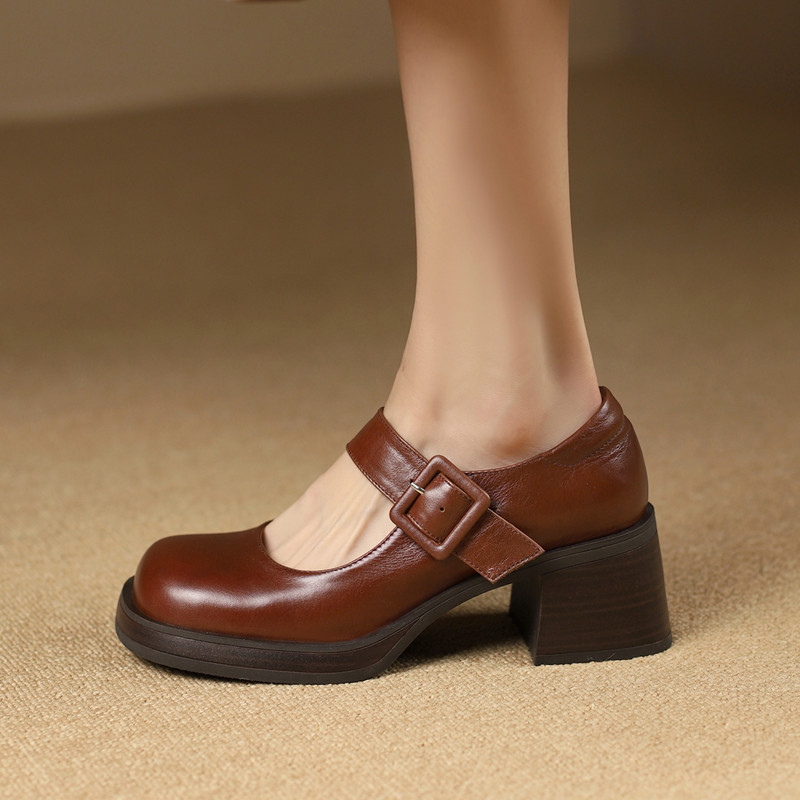 2025春夏新款真皮厚底复古浅口玛丽珍鞋女粗跟松糕底圆头擦色单鞋 - 图1