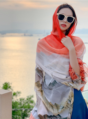 云纹纱夏季薄款防晒丝巾纱巾出游度假女外搭披肩大围巾海边沙滩巾
