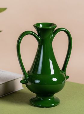 法式古典双耳绿色陶瓷花瓶高级感水培插花器家居艺术摆件一件代发