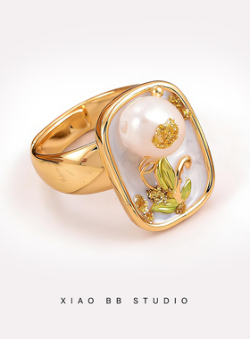 中古金莫奈花园戒指珍珠拉丝戒指轻奢高级食指戒复古气质手饰批发