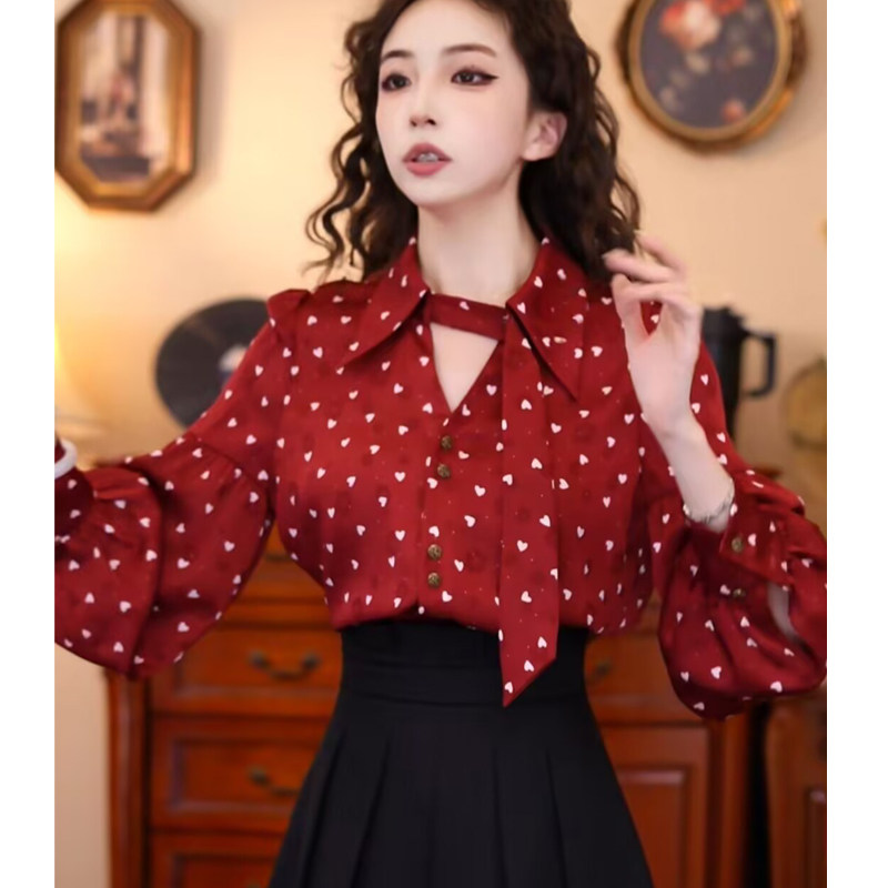 法系飘带印花衬衫女长袖打底春chic复古港风别致上衣红色独特小衫