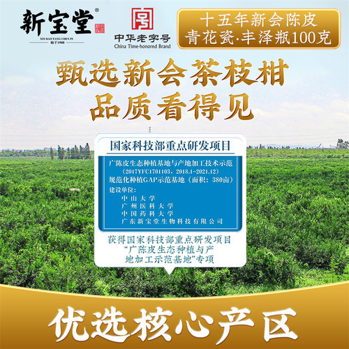 新宝堂新会陈皮十五年十八年二十年老陈皮青花瓷礼盒100克200克 - 图0