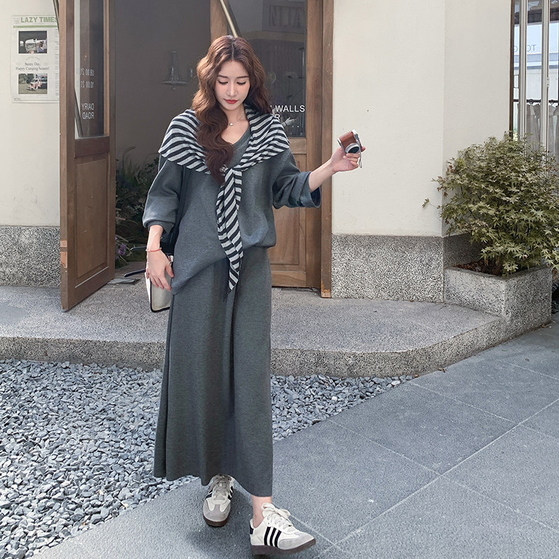 灰色套装裙女2026年春秋季新款韩版针织卫衣上衣半身裙披肩三件套,淘宝优惠券,粉丝福利购,淘宝优惠卷