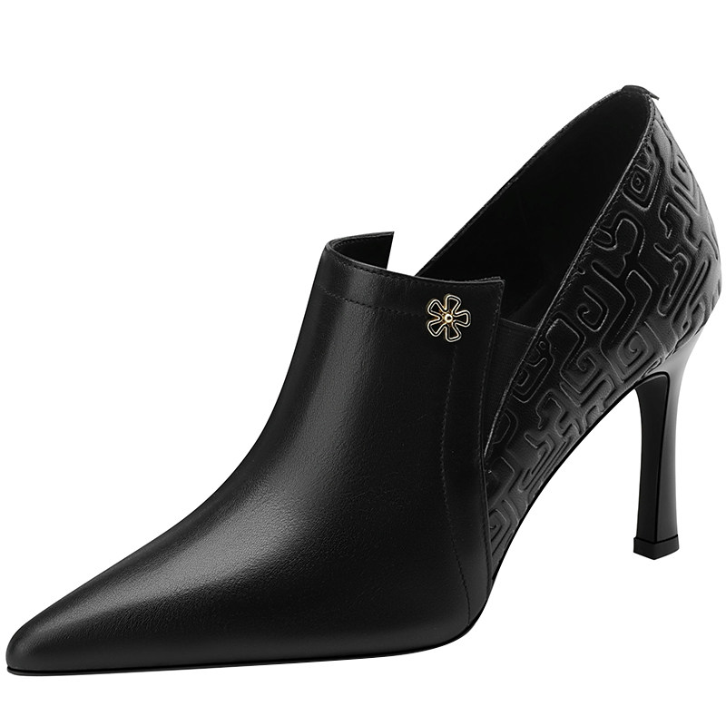 2025年春春季新款黑色深口高跟鞋真皮百搭简约时尚细跟尖头单鞋女,淘宝优惠券,粉丝福利购,淘宝优惠卷