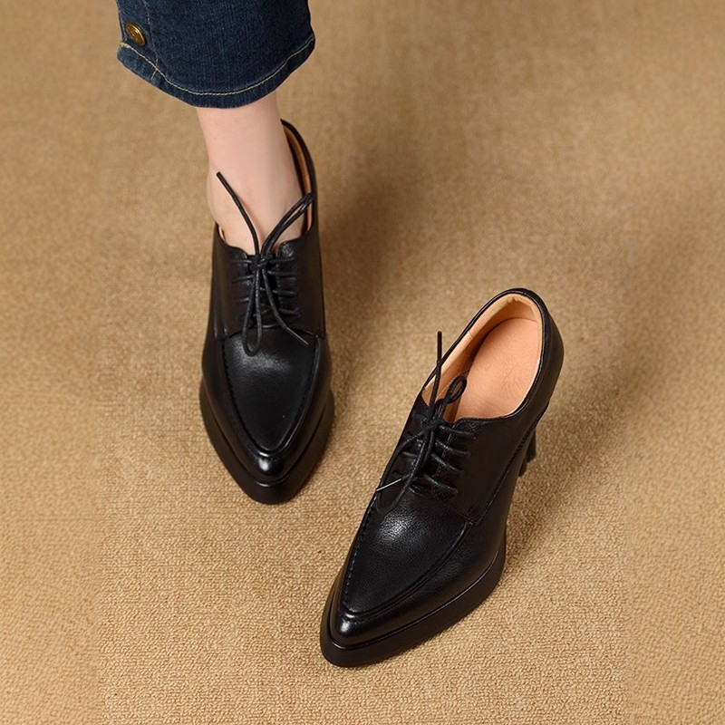 手工女鞋10cm2025年秋冬新款防水台真皮单鞋尖头系带高跟鞋子纯色,淘宝优惠券,粉丝福利购,淘宝优惠卷