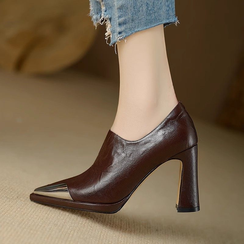 不累脚真皮深口单鞋女2025新款金属尖头气质防水台高跟鞋英伦皮鞋,淘宝优惠券,粉丝福利购,淘宝优惠卷