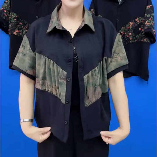 中老年妈妈装遮肉显瘦短袖衬衫2025夏季新款时尚百搭拼接上衣小衫