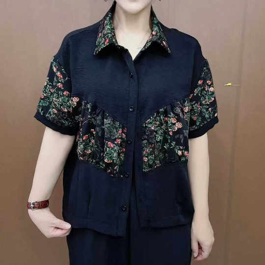 中老年妈妈装遮肉显瘦短袖衬衫2025夏季新款时尚百搭拼接上衣小衫