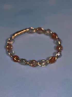 日月辉光天然太阳石拉长月光石水晶14k包金女编织戒指恋人石指环