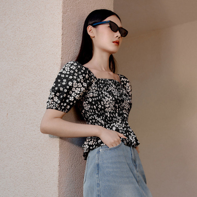 Eveli Ole black shirt short-sleeved women's 2024 summer new style 1E4522421