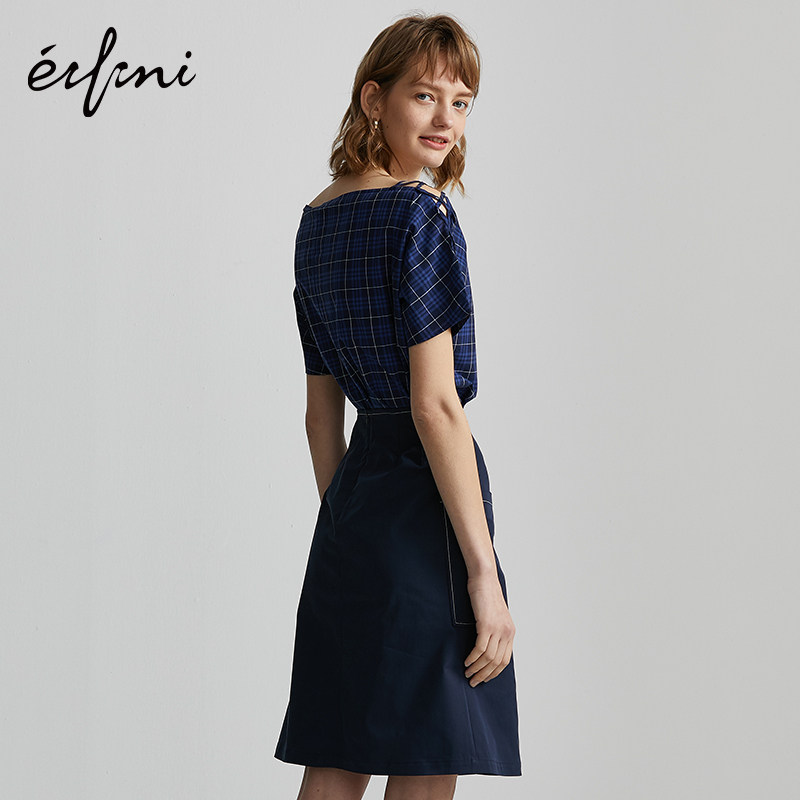 商场同款伊芙丽一字领复古格子衬衫 伊芙丽折扣企业店衬衫