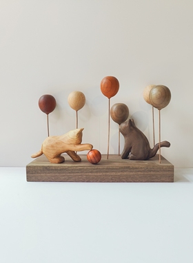 原木风猫元素气球木雕猫咪木制品手作礼物品车载装饰桌面木质摆件