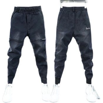 Trendy Men's New Grey Jeans Spring and Autumn Legged Pants Harem Pants Embroidered Splicing Slim Fit Small Foot Casual Pants