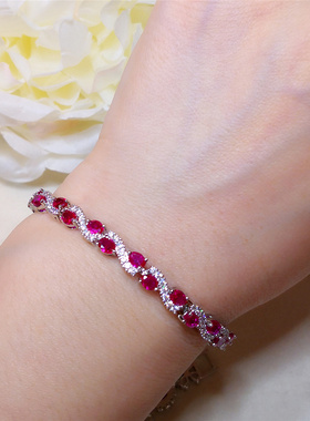 法式宫廷饰品微镶锆石奢华红刚玉色花朵蛋面流线圆钻手链气质女