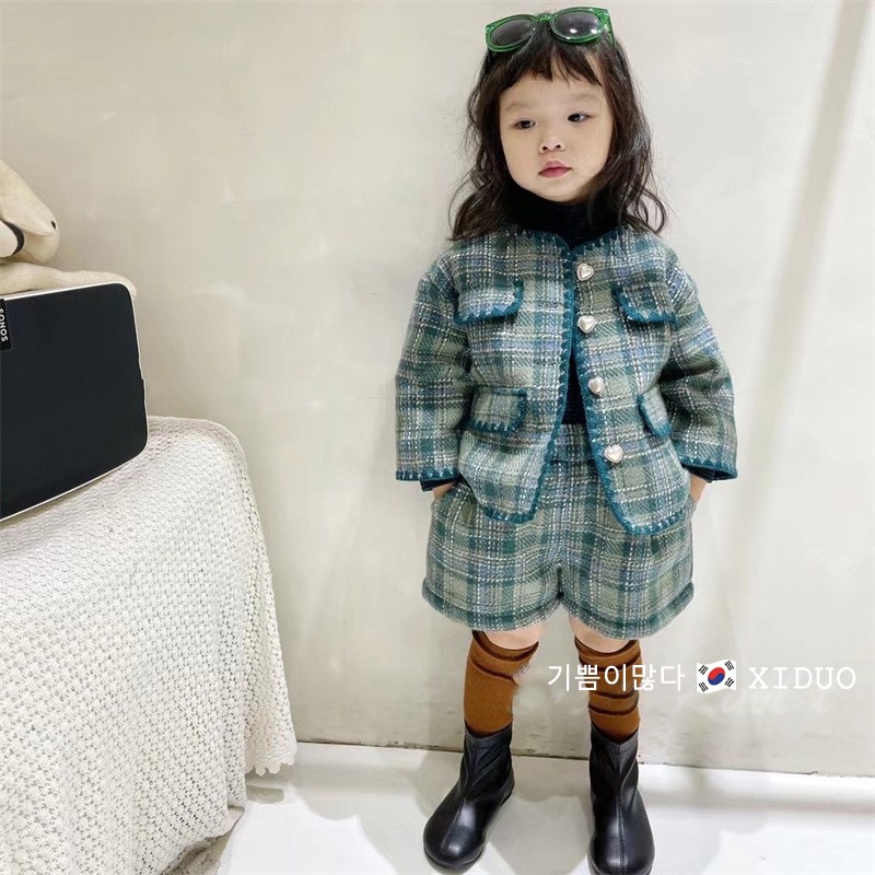 女童小香风格子夹棉套装韩国童装22秋冬季宝宝洋气外套短裤两件套