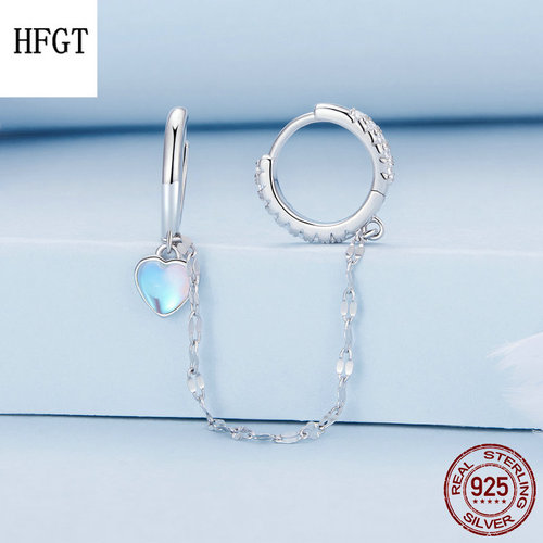 新款心形月光石链条双耳扣 爱心小众高级感925纯银单边耳饰多耳洞 - 图3