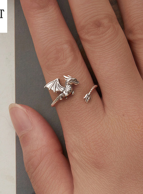 原创s925纯银飞龙开口戒指男女情侣 复古立体中古风可调节戒指