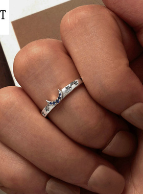 原创日月星辰情侣款开口戒指 复古潮流925纯银戒指七夕礼物配饰女