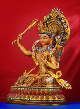 佛像摆件文殊菩萨佛像铜尼泊尔工艺彩绘背光手工錾刻佛像7寸10寸