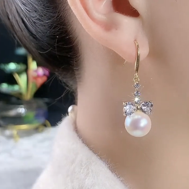 珍珠长款流苏耳环新款潮锆石蝴蝶结耳坠高级感耳饰时时尚气质耳钩 - 图0