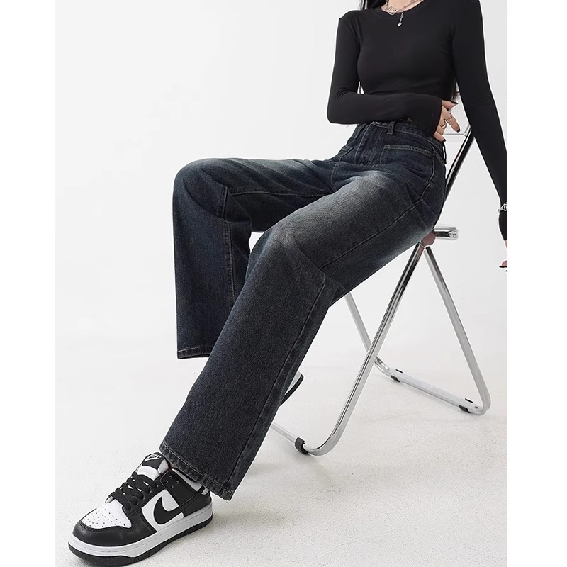 蓝灰色阔腿牛仔裤女高腰秋季新款大码显瘦梨形身材胖mm宽松直筒裤 - 图0