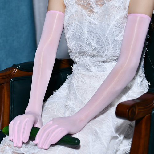 卿荷油光五指手袜丝袜婚礼新娘婚纱手套袖套性感黑丝红丝滑马油亮 - 图2
