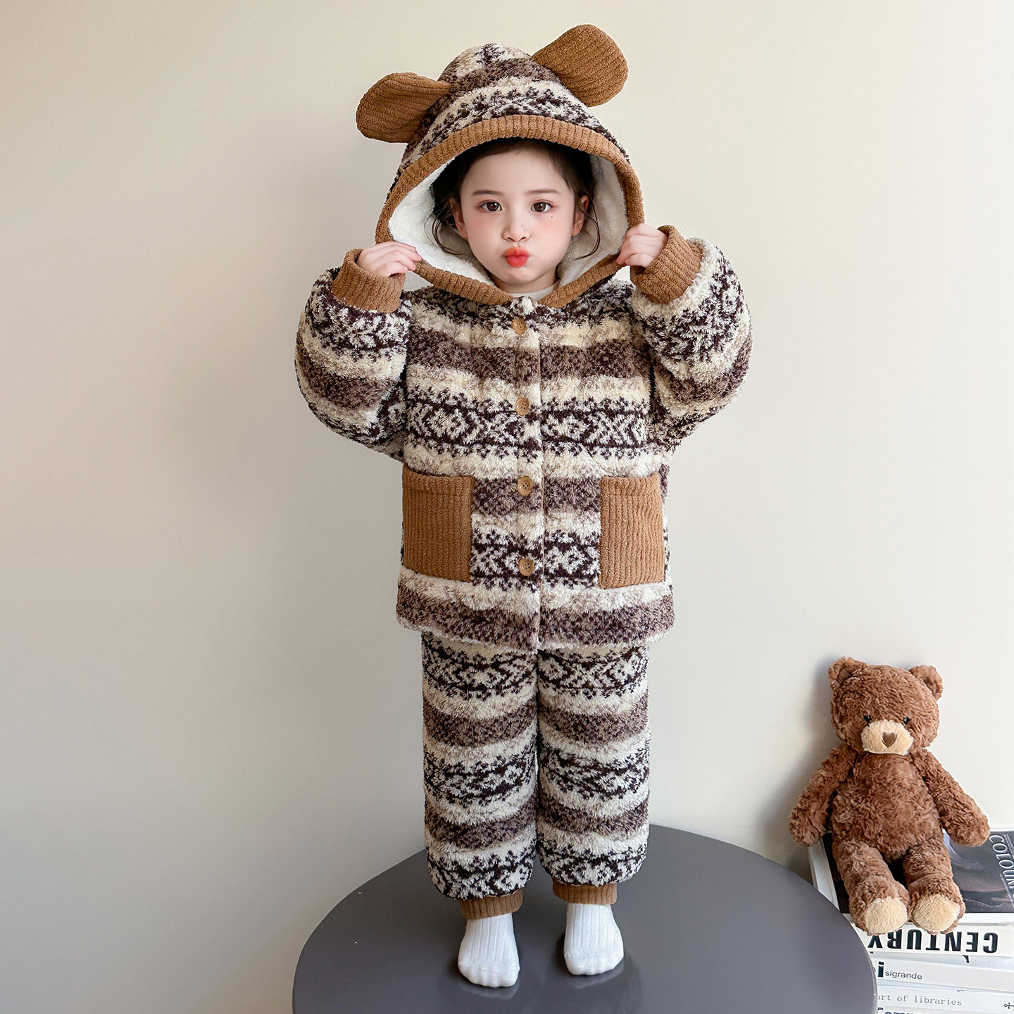 女童睡衣冬新款珊瑚绒连帽开衫套装宝宝法兰绒加绒加厚保暖家居服,淘宝优惠券,粉丝福利购,淘宝优惠卷