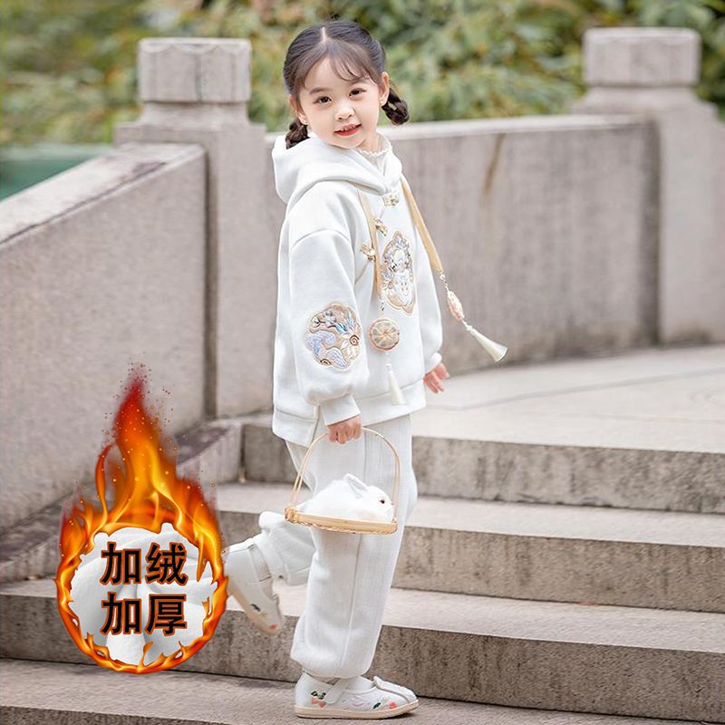 女童卫衣套装2023新款加绒洋气加厚冬装儿童时髦中国风小女孩冬季