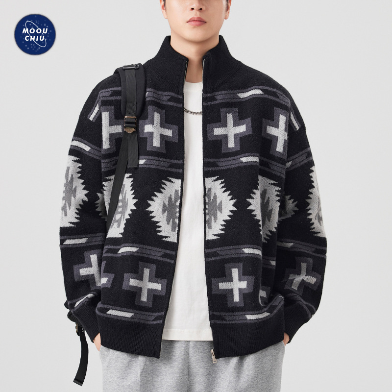 沐丘男装∣秋冬新款费尔岛针织毛衫男士宽松开衫几何提花毛衣外套 - 图0