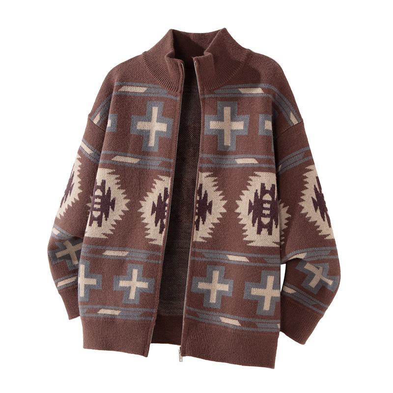 沐丘男装∣秋冬新款费尔岛针织毛衫男士宽松开衫几何提花毛衣外套 - 图3