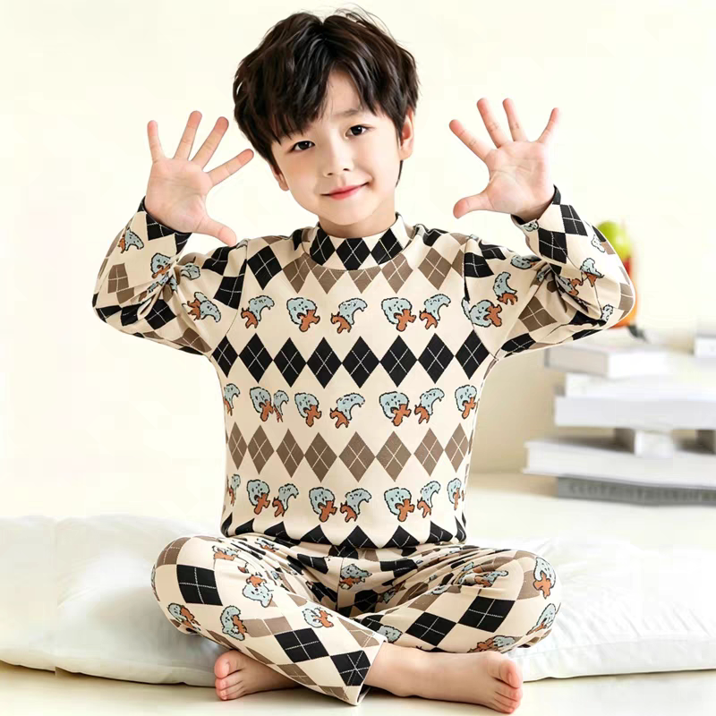 DeRong Warm Children's Home Clothing Underwear Set for Big Children Autumn and Winter Long Sleeve Pajamas for Boys and Girls Bottoming Autumn Clothes