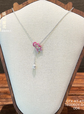 足银999.9珐琅粉蝴蝶吊兰花项链