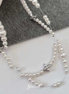破碎星云四叶草双层叠戴珍珠项链