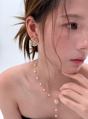 法式镂空立体山茶花重工耳钉女
