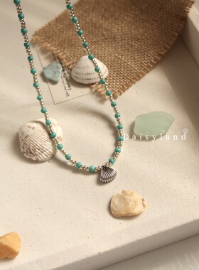 Daisyland Acc原创蓝绿色进口米珠手工串珠贝壳吊坠项链