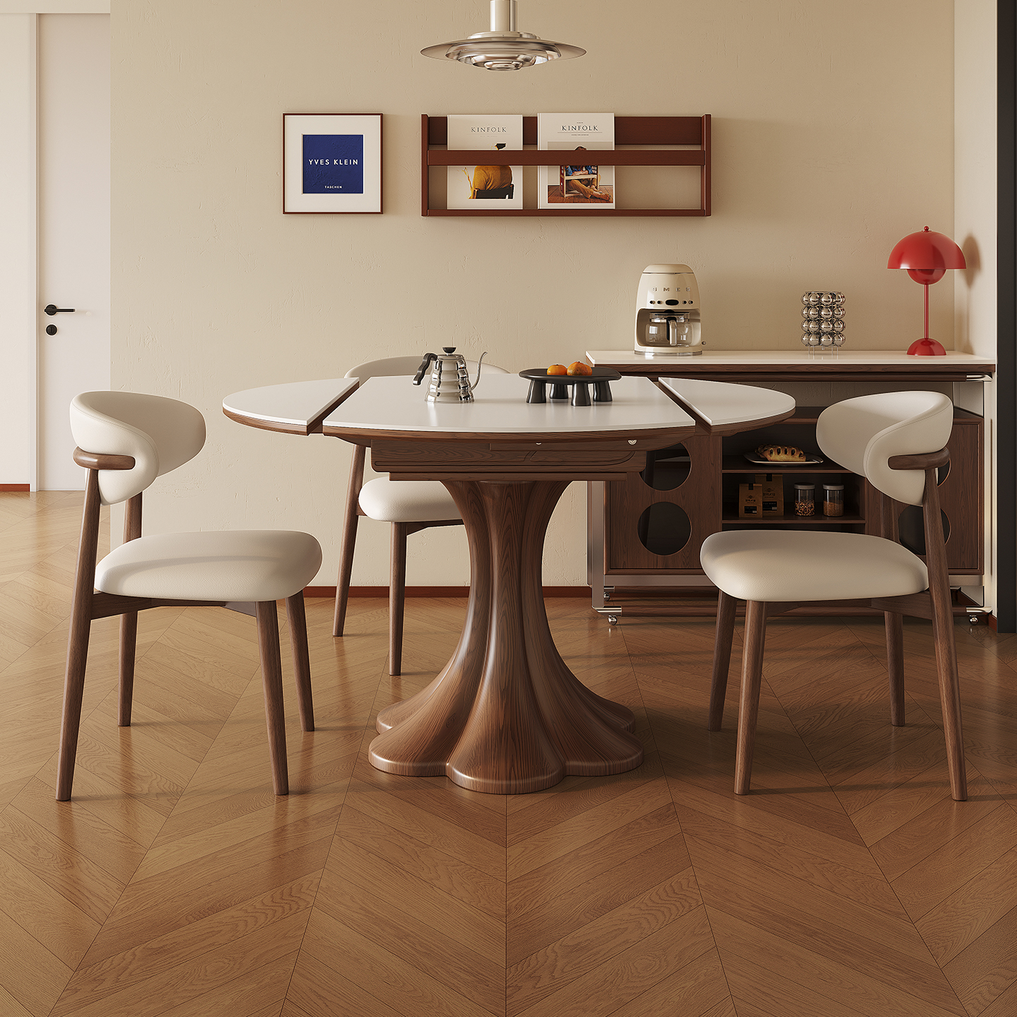 中古风岩板伸缩餐桌椅组合家用小户型可折叠方圆两用复古圆形餐桌 - 图0