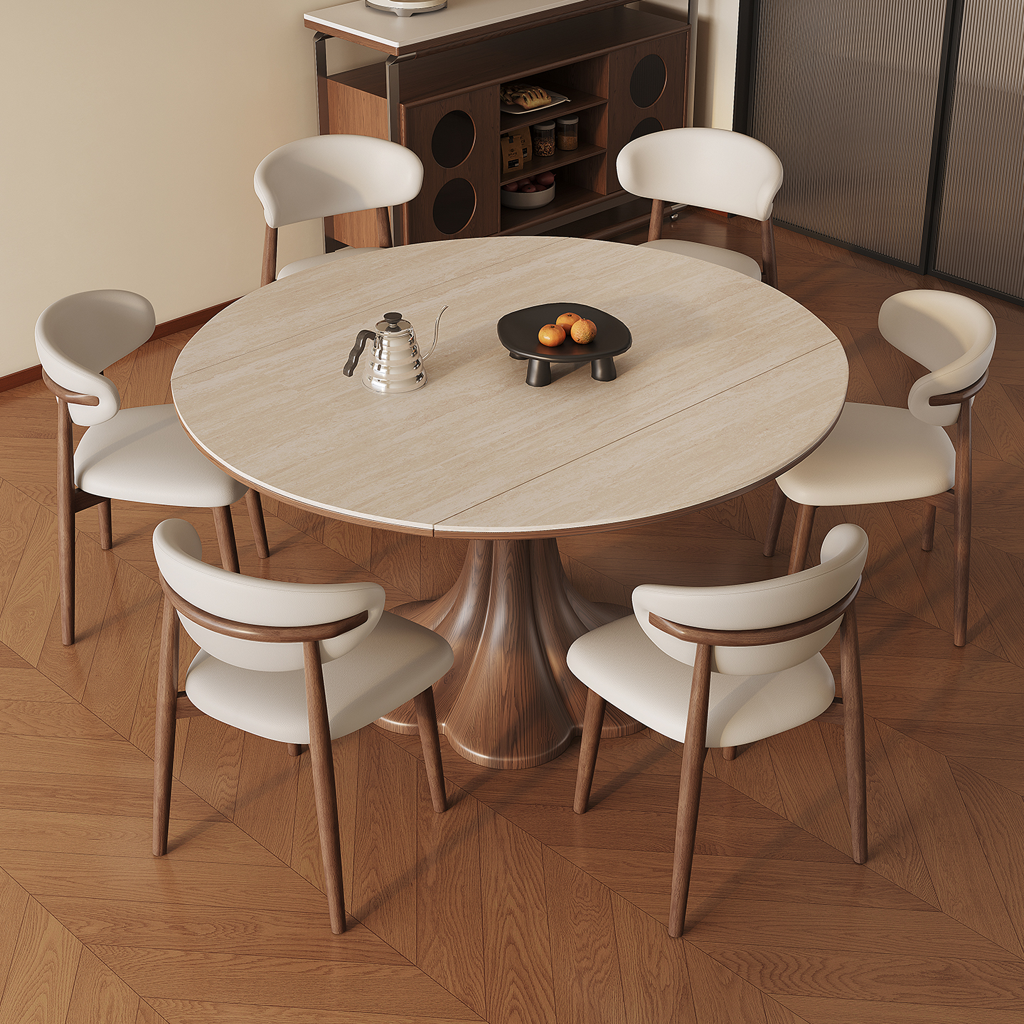 中古风岩板伸缩餐桌椅组合家用小户型可折叠方圆两用复古圆形餐桌 - 图1