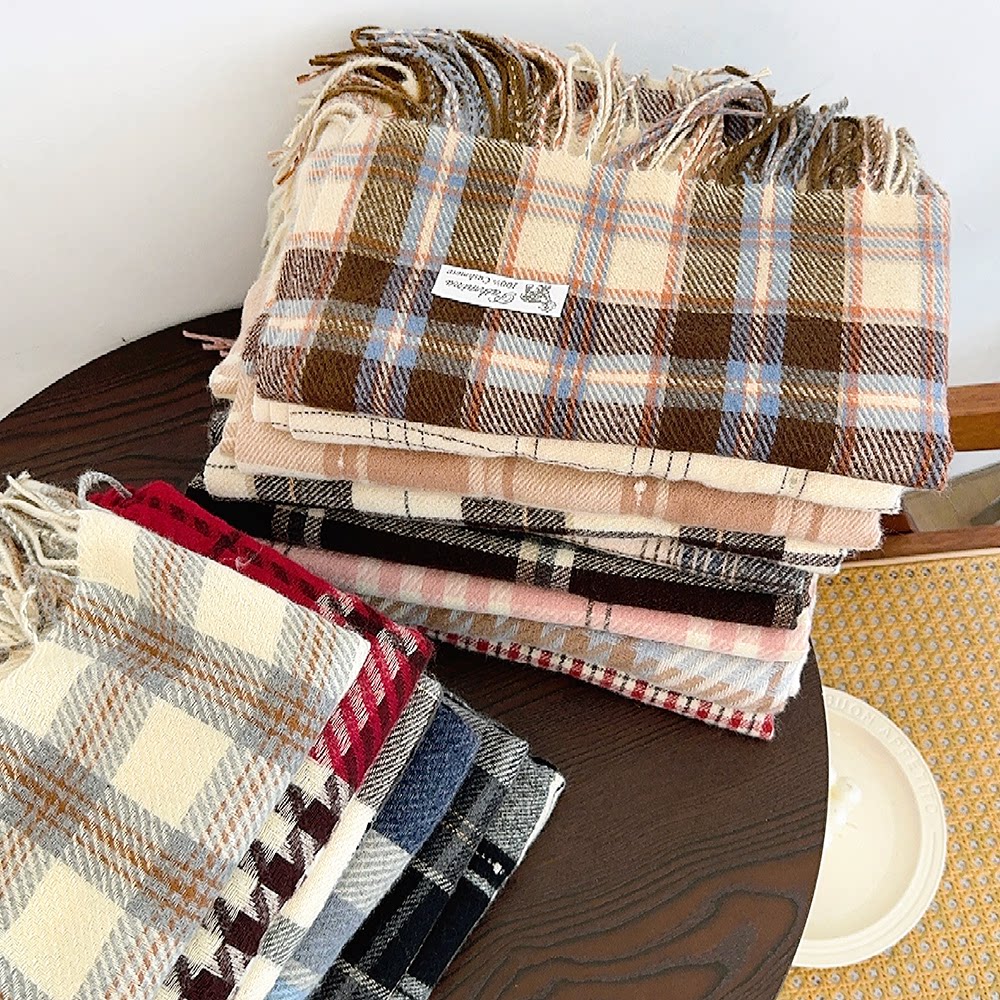 冬日氛围感格纹系列围巾女秋冬季仿羊绒韩系学生情侣保暖流苏围脖