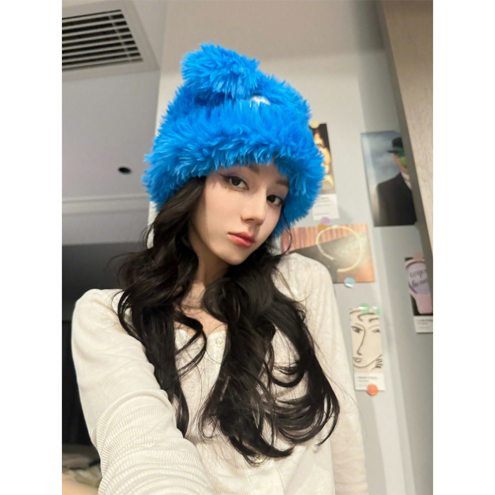 迪丽热巴同款可爱蓝色小狗毛绒套头帽子女秋冬保暖防寒护耳毛线帽,淘宝优惠券,粉丝福利购,淘宝优惠卷